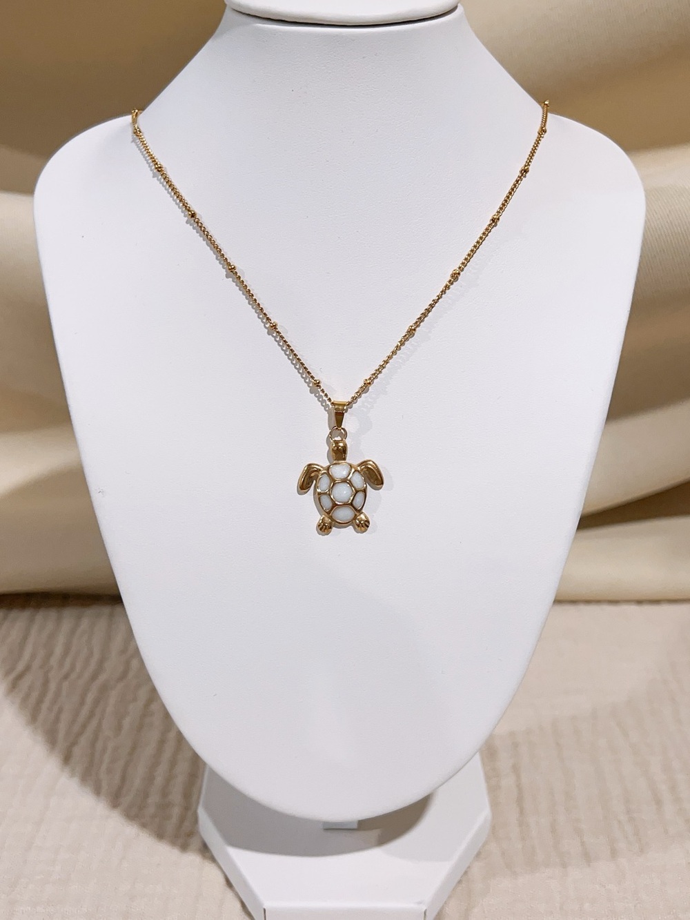 Gold Turtle Pendant Necklace with White Shell Inlay